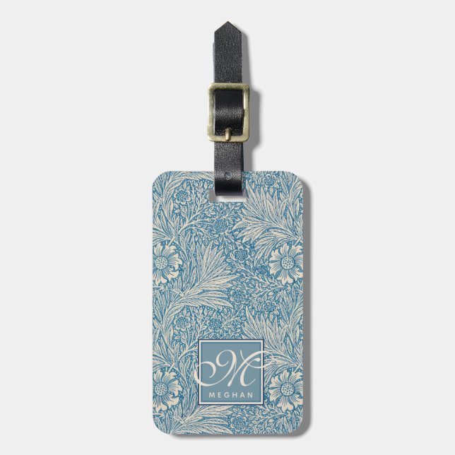 Étiquette À Bagage William Morris, Monogramme Art Nouveau Blue Marigo (Devant Vertical)