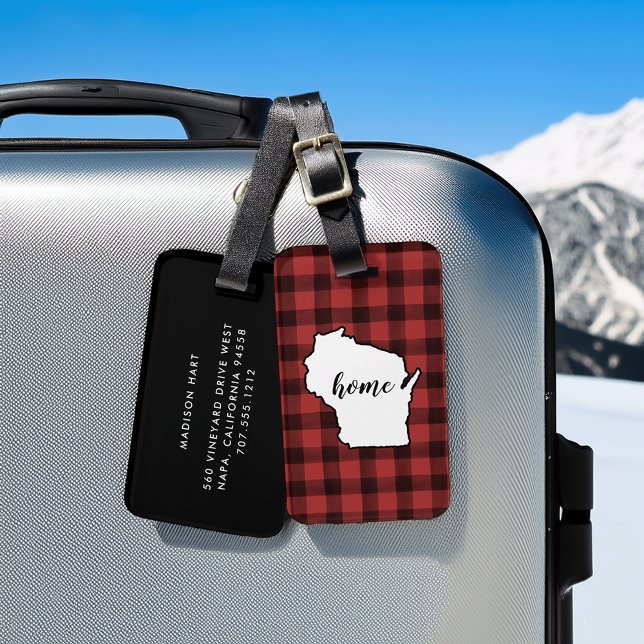 Étiquette À Bagage Wisconsin | Buffle rouge et noir Plaid Home State (Créateur téléchargé)