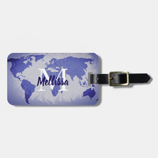 Étiquette À Bagage World Map Blue Artsy Monogram Name Gift Favor (Devant horizontal)