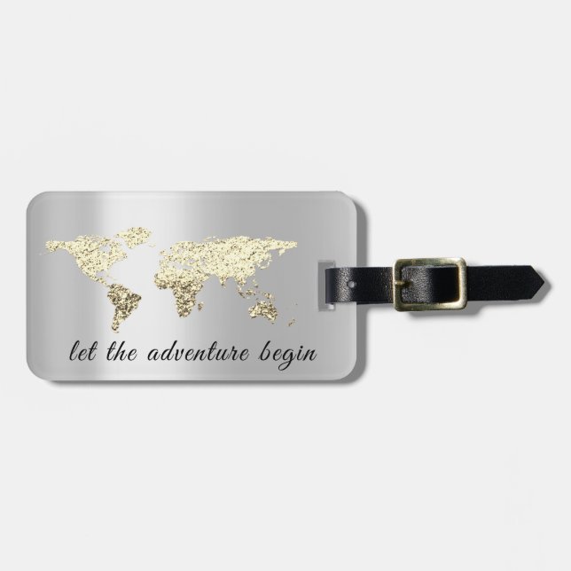 Étiquette À Bagage World Map Grey Adresse Laissez Aventure Commencer  (Devant horizontal)