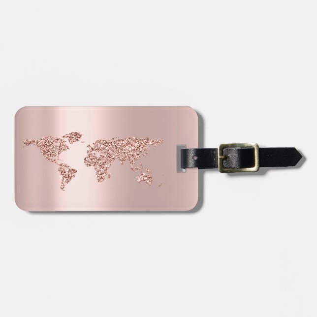 Étiquette À Bagage World Map Rose Gold Adresse Nom Élégant (Devant horizontal)