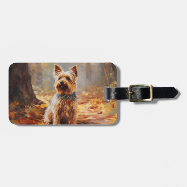 Étiquette À Bagage Yorkshire Terrier en automne les feuilles tombent  (Devant horizontal)