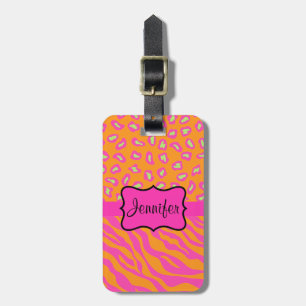 Étiquette À Bagage Zèbre orange et rose & Cheetah Personnalisé