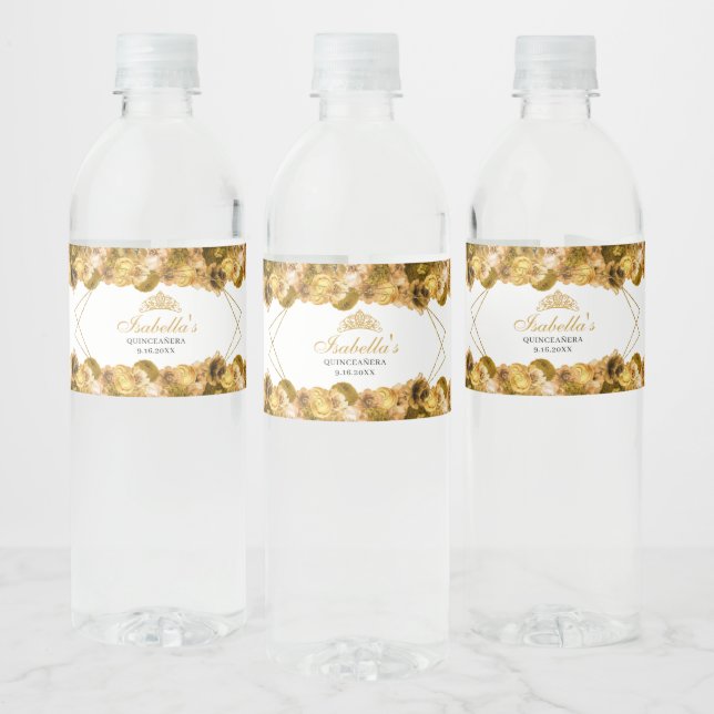 Étiquette à bouteille d'eau or Floral Quinceanera (Bouteilles)