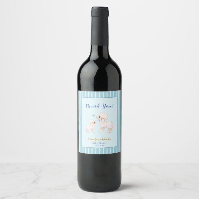 Étiquette à vin Baby shower agneau de garçon bleu (Devant)