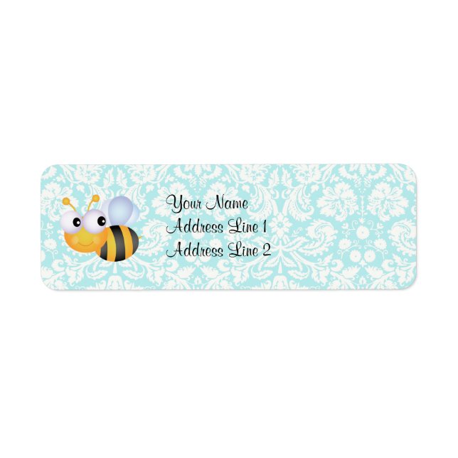 Étiquette Abeille mignonne ; modèle Damas Turquoise (Devant)