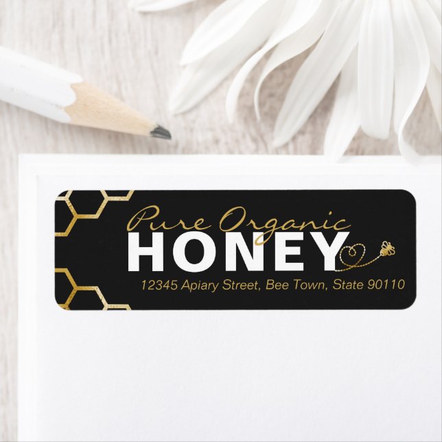 Étiquette Abeilles de Miel Moderne Gold Honeycomb Noir (En situation)