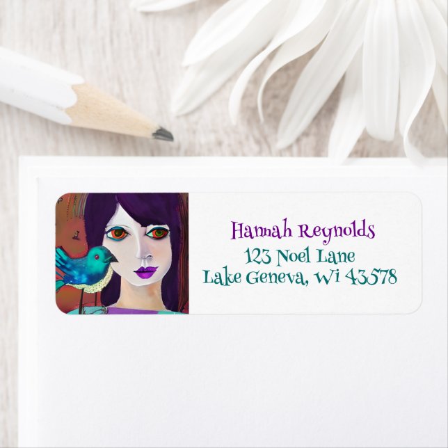 Étiquette Abstraite fille et oiseau pourpre et Turquoise (En situation)