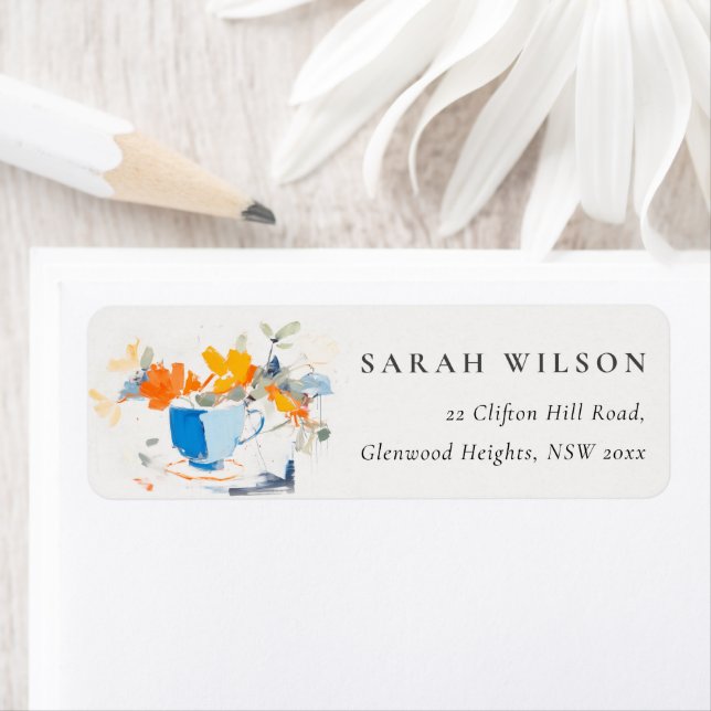 Étiquette Abstraite moderne Yellow Blue Floral Tea Cup Adres (En situation)