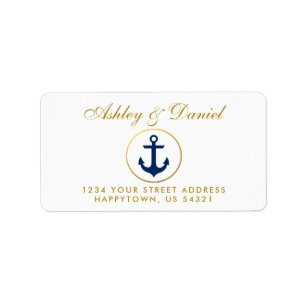 Étiquette Adresse bleue nautique de mariage d'or d'Ancre