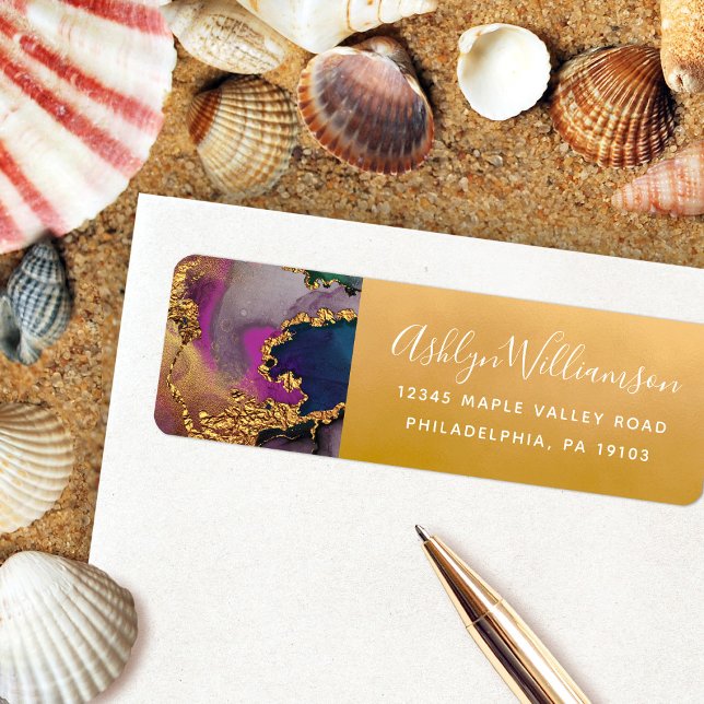 Étiquette Adresse d'aquarelle en marbre vert violet or (Créateur téléchargé)