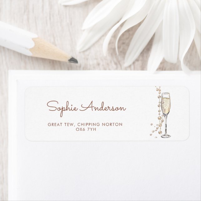 Étiquette Adresse de la fête prénuptiale Perles et Prosecco (En situation)