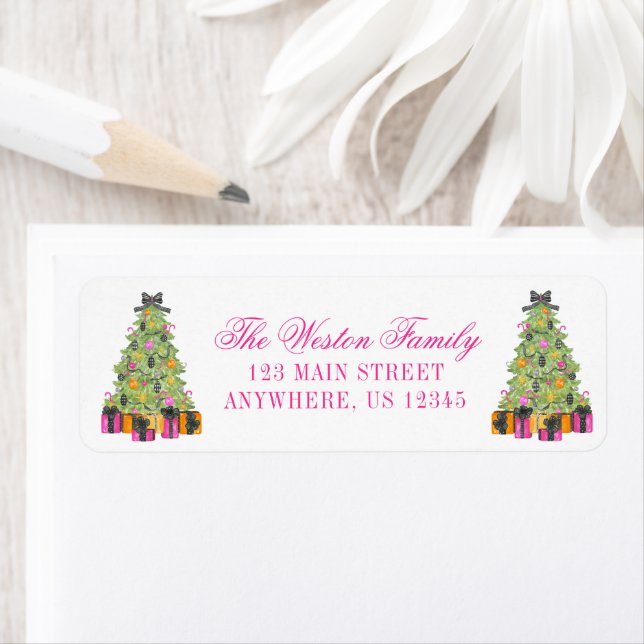 Étiquette Adresse de l'arbre de Noël Preppy Bright Glamour (En situation)