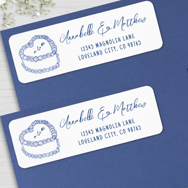 Étiquette Adresse de mariage bleue dessinée à la main gâteau (Vintage Cake Hand Drawn Blue Wedding Address label)