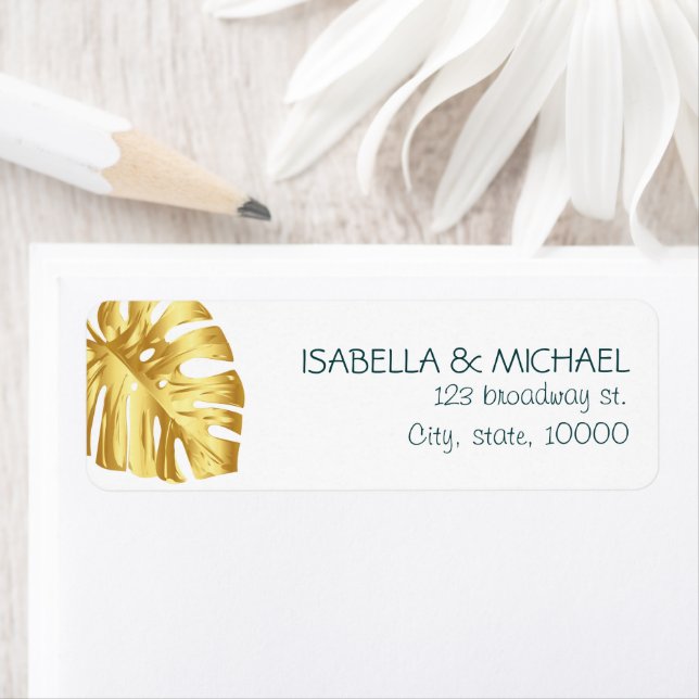 Étiquette Adresse de Mariage personnalisée Tropical Gold (En situation)
