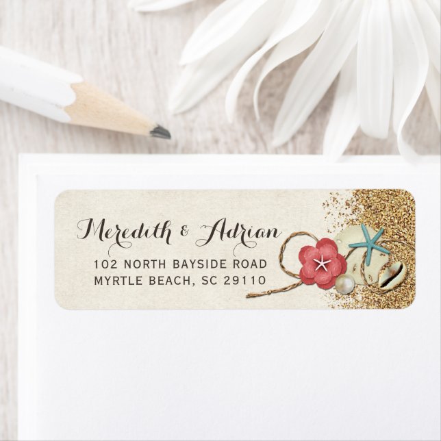 Étiquette Adresse de mariage Sandy Beach Hibiscus & Shells (En situation)