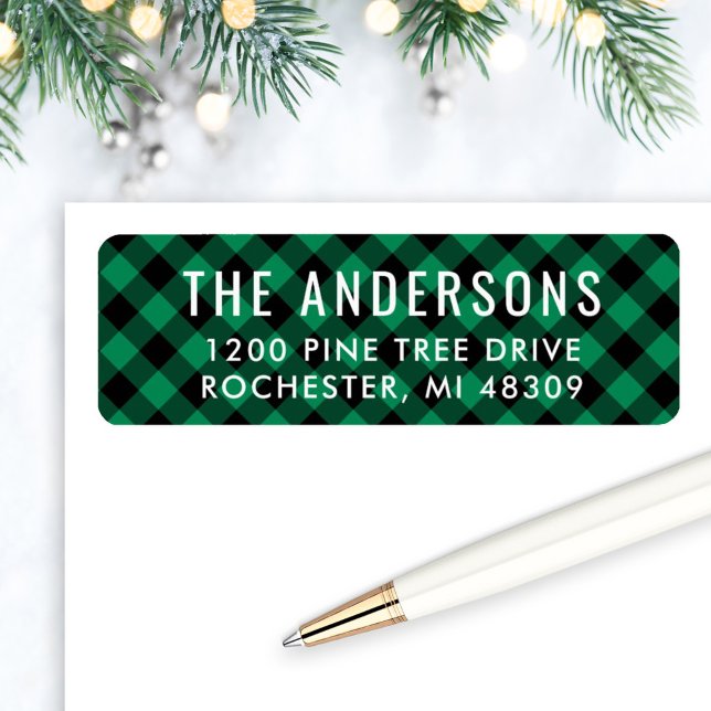 Étiquette Adresse de Noël sous l'arbre de pin à carreaux ver (Créateur téléchargé)