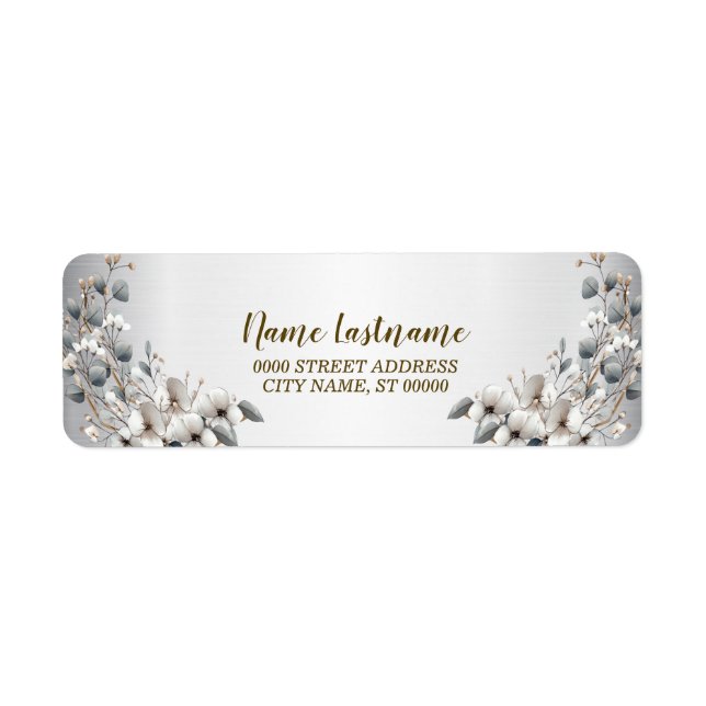 Étiquette Adresse de retour Aquarelle Fleurs blanches or (Devant)