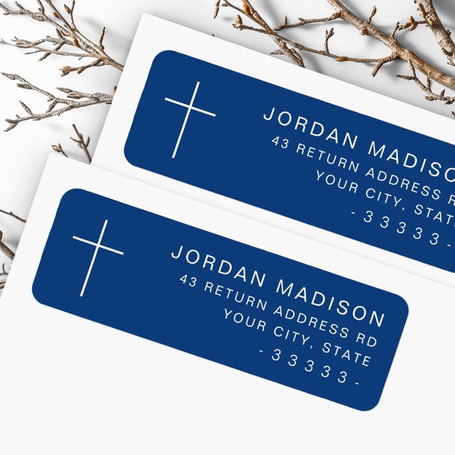 Étiquette Adresse de retour bleu foncé croisé minimal (Minimalist cross dark blue return address label)