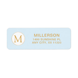 Étiquette Adresse de retour bleu pâle et or monogramme