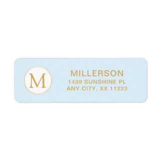 Étiquette Adresse de retour bleu pâle et or monogramme