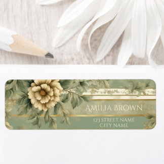 Étiquette Adresse de retour de la fleur d'or rayé vert Sage