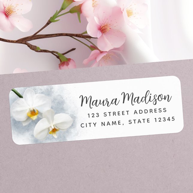 Étiquette Adresse de retour de la fleur phalaenopsis d'orchi (White orchid phalaenopsis flower return address label)