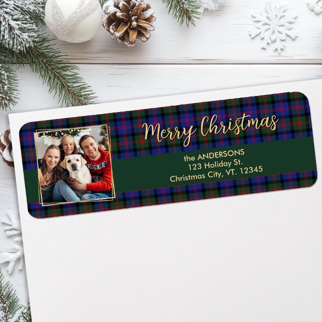 Étiquette Adresse de retour de la photo Gold Plaid Family Ho (Créateur téléchargé)