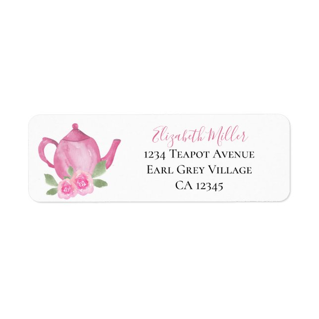 Étiquette Adresse de retour de la théière Aquarelle rose (Devant)