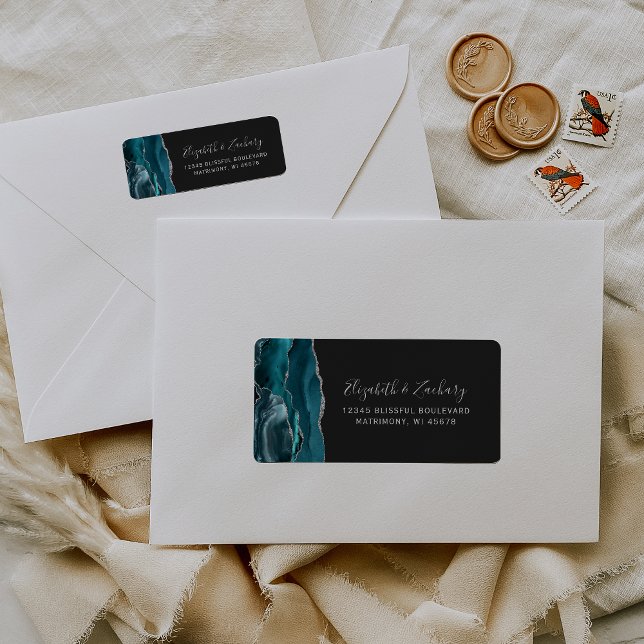 Étiquette Adresse de retour de mariage argent sarcelle foncé (Créateur téléchargé)