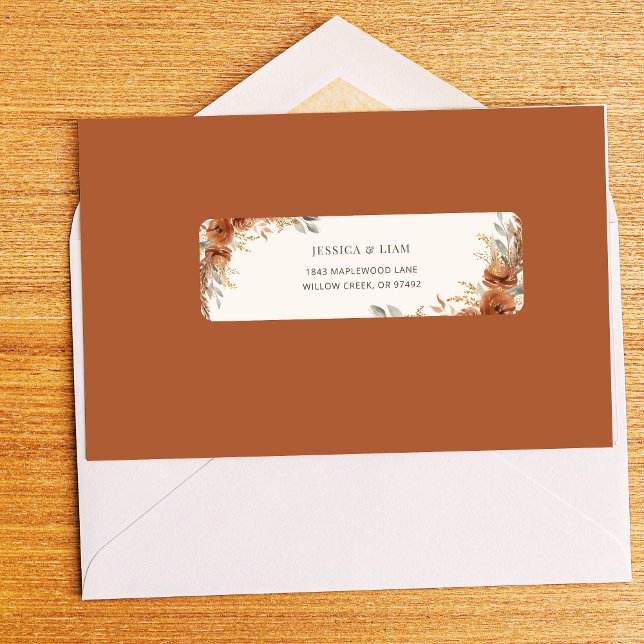 Étiquette Adresse de retour de mariage floral automnal en te (Terracotta Fall Floral Wedding Mail Return Address Label)