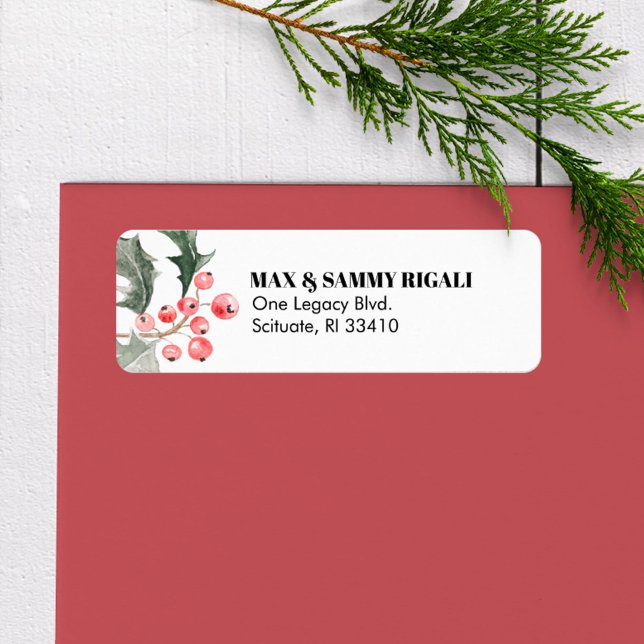 Étiquette Adresse de retour de Noël Label Holly & Berries (Return address labels Christmas watercolor red holly berries)