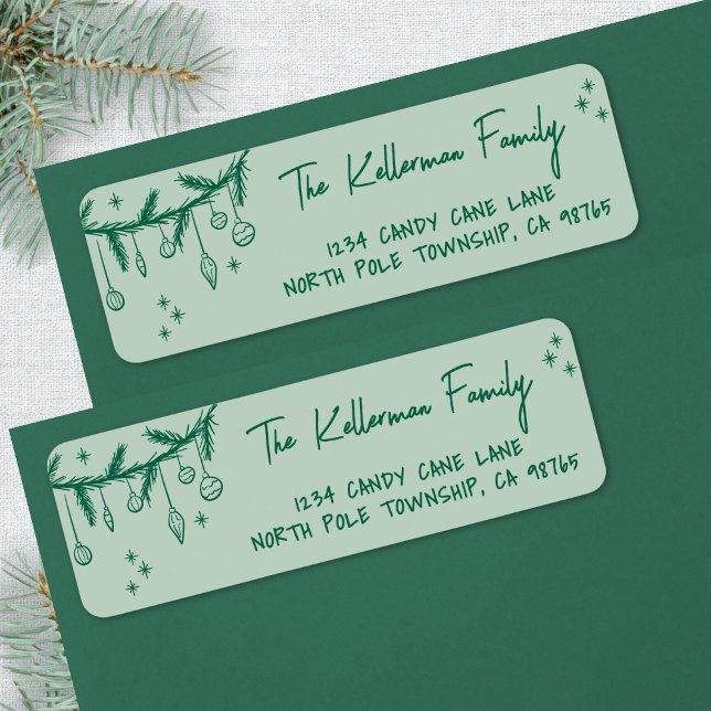 Étiquette Adresse de Retour de Noël Verte Dessinée à la Main (Hand Drawn Green Christmas Return Address label)