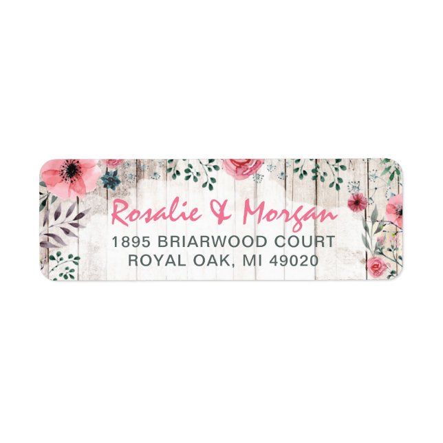 Étiquette Adresse de retour de pays rose floral en bois (Devant)
