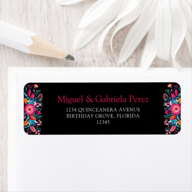 Étiquette Adresse de Retour de Quinceañera Florale Mexicaine (En situation)
