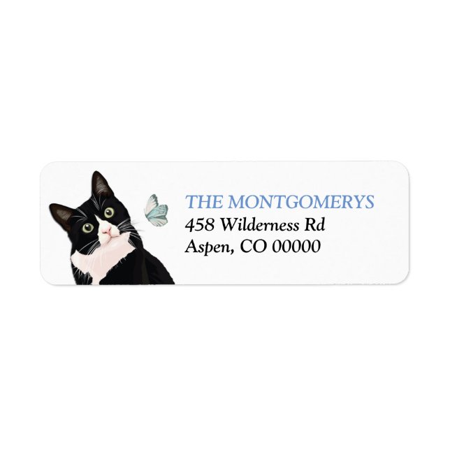 Étiquette Adresse de retour de Tuxedo Cat et Blue Butterfly (Devant)