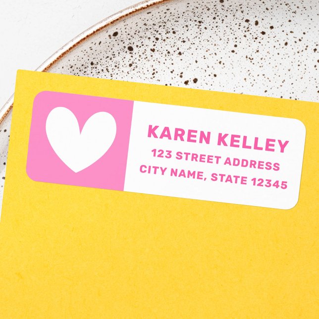 Étiquette Adresse de retour du coeur rose gras (Cute heart bold pink white return address label)