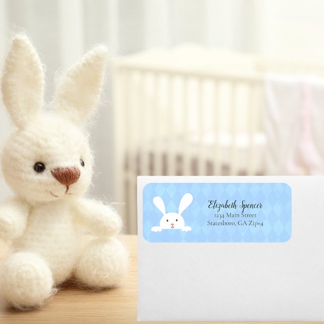 Étiquette Adresse de retour du lapin blanc mignon | Bleu béb (Créateur téléchargé)