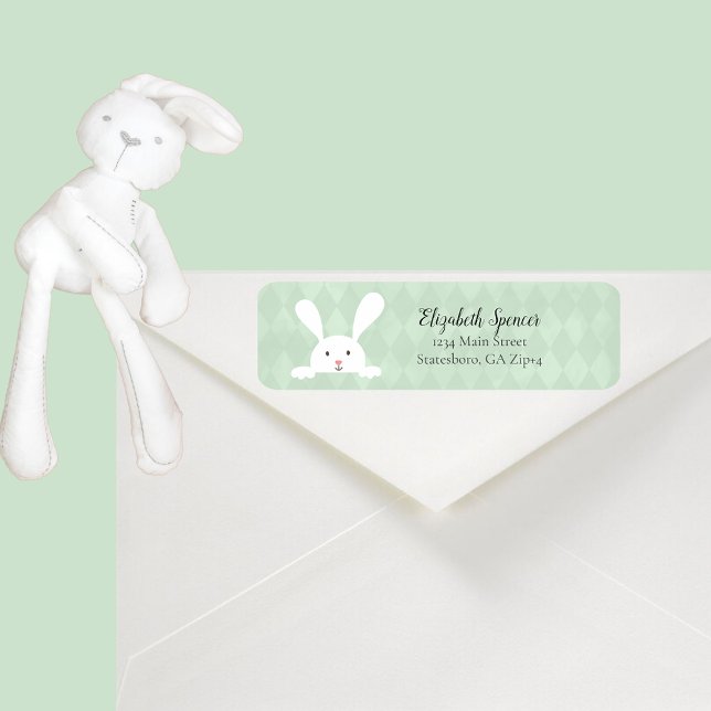 Étiquette Adresse de retour du lapin blanc mignon | Vert (Créateur téléchargé)