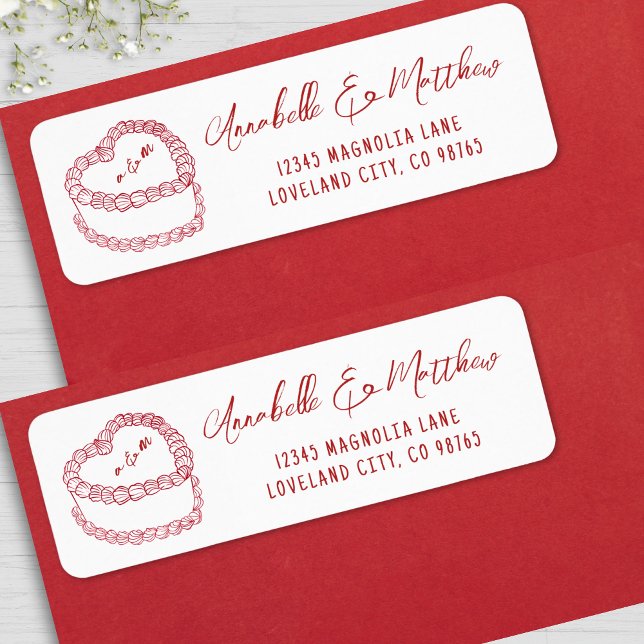 Étiquette Adresse de retour du Mariage rouge tiré main vinta (Vintage Cake Hand Drawn Red Wedding Return Address label )