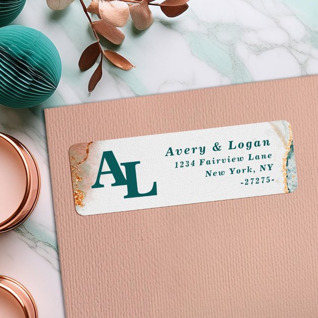 Étiquette Adresse de retour du monogramme Turquoise et or Ab (Abstract Teal & Copper Monogram Retrun Address Labels.)