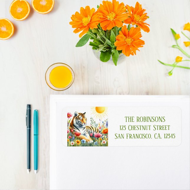 Étiquette Adresse de retour du tigre d'aquarelle de printemp (Créateur téléchargé)