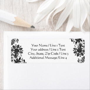 Étiquette Adresse de retour en damas floral noir et blanc