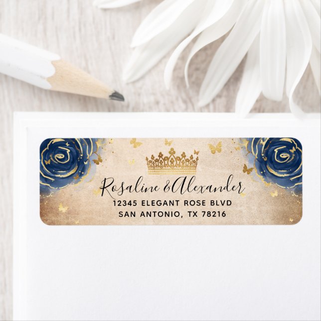 Étiquette Adresse de retour Marine Blue and Gold Crown (En situation)