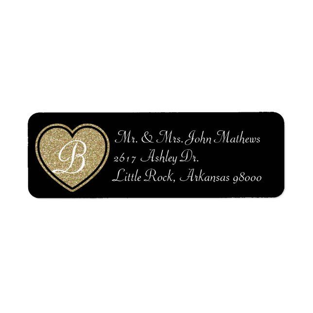 Étiquette Adresse de retour personnalisée Coeur noir et or (Devant)