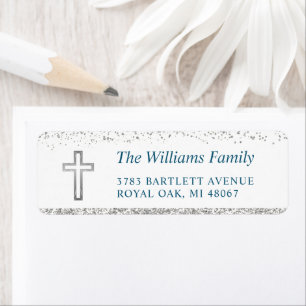 Étiquette Adresse de retour religieuse de croix d'argent per