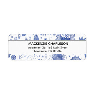 Étiquette Adresse des fleurs d'aquarelle bleu et blanc Indig
