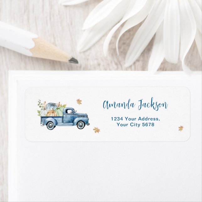 Étiquette Adresse du Baby shower Citrouille de camion bleu (En situation)