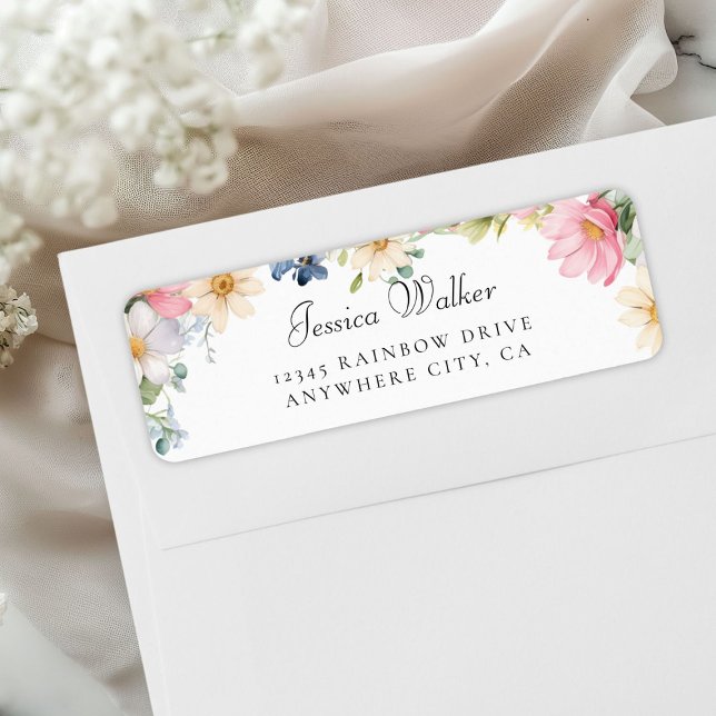 Étiquette Adresse du Baby shower fleur sauvage (Personalized Wildflower Baby Shower Address Label, White +Pastel.)