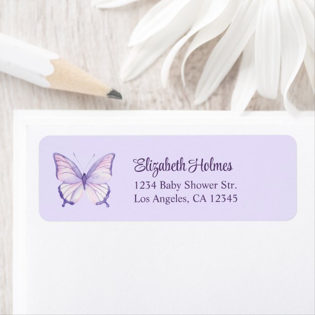Étiquette Adresse du Baby shower papillon pourpre (En situation)